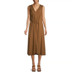 Vince Pecan Brown Drawstring Shirred Waist Band Midi Dress Medium Linen Blend